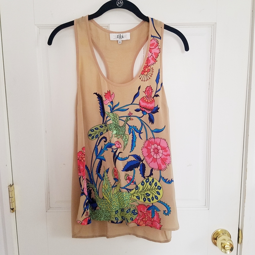 Tibi Printed Silk Racerback Tank Top